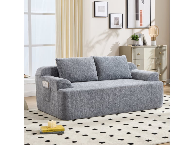  Canapé modulable 2 places convertible avec 2 coussins déhoussables, assise basse en velours côtelé gris, 171 × 92 × 64 cm  - Conforama E