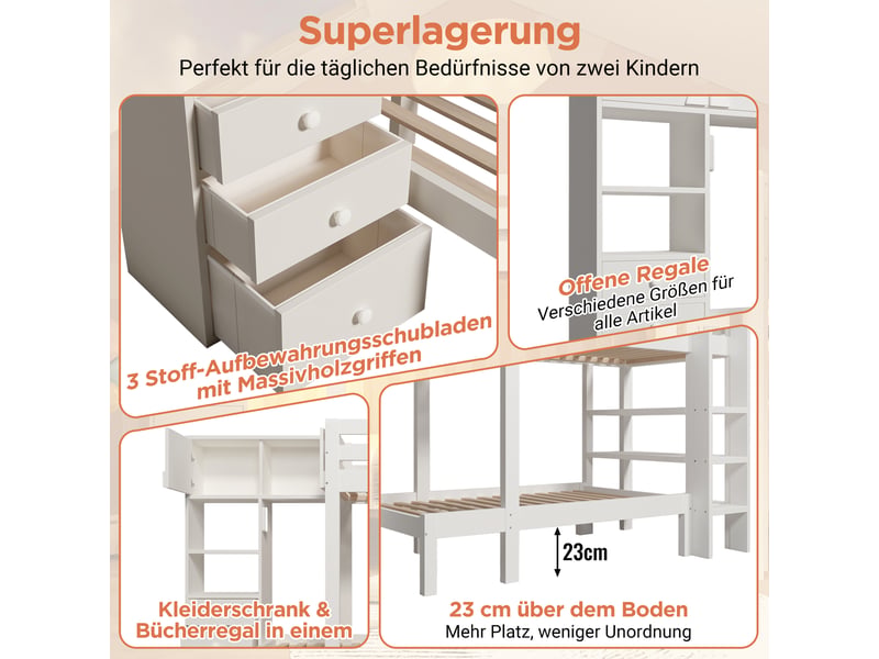  Lit superposé 90x200 cm avec armoire et tiroirs, veilleuse led, lit superposé avec rangements, bois massif blanc  - Conforama E