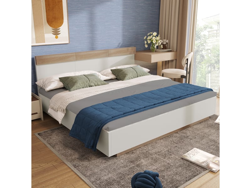  Lit double en bois blanc et chêne sonoma 184x205 cm  - Conforama E