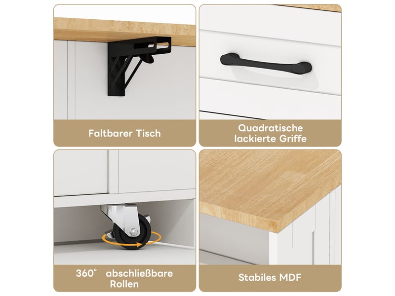  Îlot de cuisine mobile 120 × 4065 × 92 cm en mdf, table rabattable, prises ac et usb, porte vitrée et roulettes freinées  - Conforama D