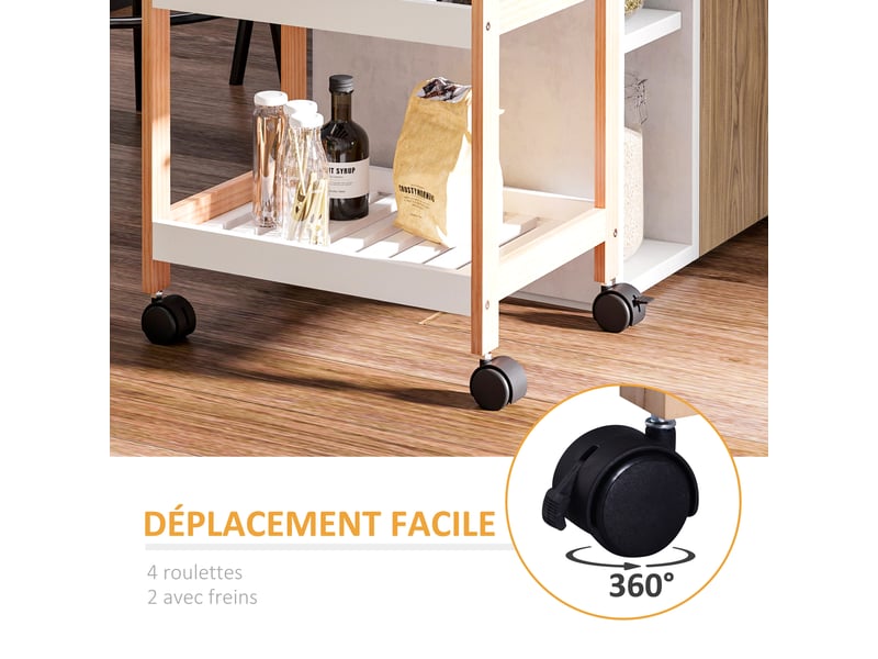  Chariot de service desserte de cuisine à roulettes 2 étagères + plateau amovible bois de pin blanc mdf  - Conforama W
