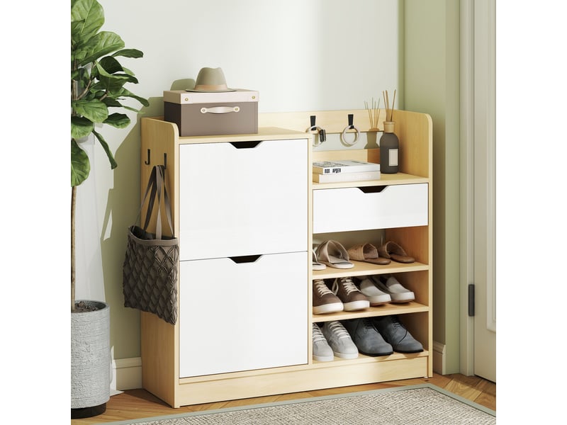 Étagère à chaussures pour entrée avec tiroir, étagères ouvertes, 4 crochets pour 14 paires de chaussures, naturel et blanc - Conforama C