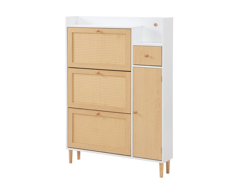  Meuble à chaussures en rotin 90x17x125 cm, 3 abattants, 1 tiroir et pieds en bois massif  - Conforama E