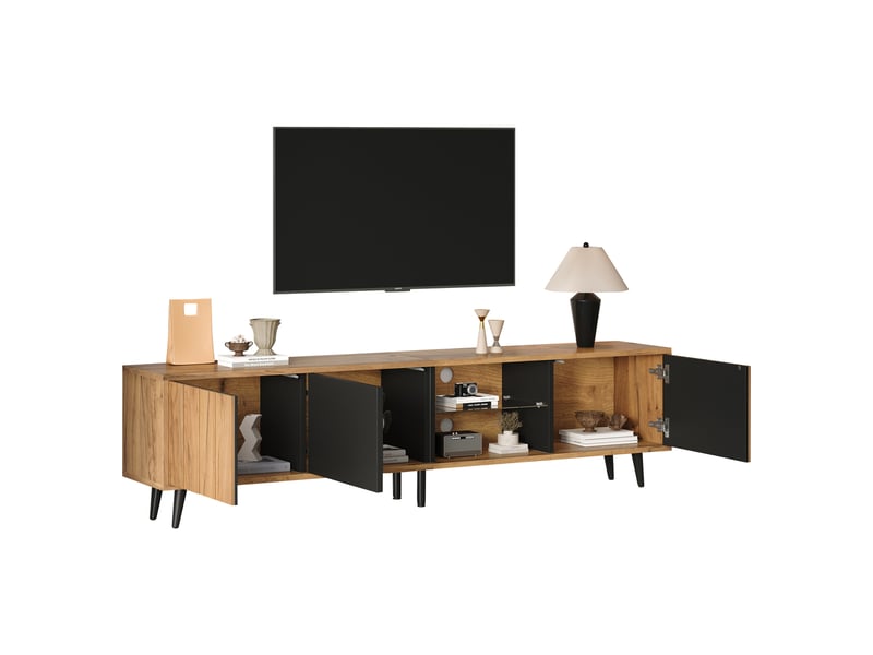 Meuble tv 175x31.5x45 cm bois naturel et noir, 3 portes, pour téléviseur 75 3021980000000 - Conforama D