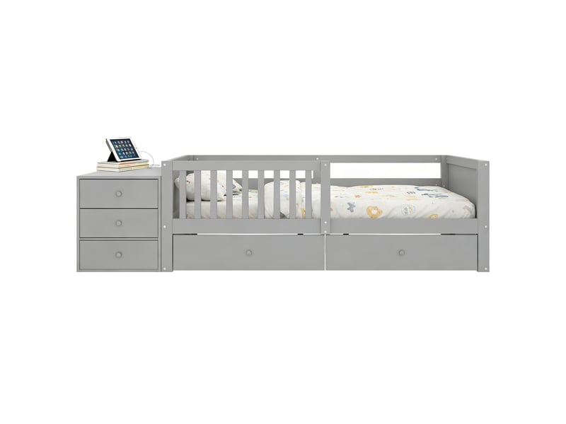  Lit enfant multifonctionnel 90x200 cm - lit simple avec rangement, 2 tiroirs, étagères, bureau, led et prise - gris  - Conforama A