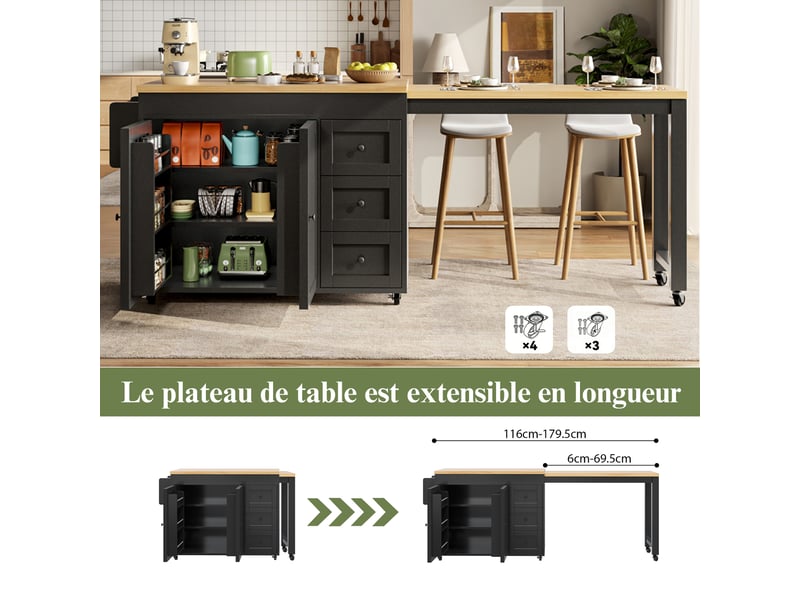 Îlot de cuisine extensible 116-179,5 x 45 x 89 cm, roulettes, 3 tiroirs, étagères latérales, mdf, noir - Conforama E