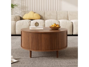 Table basse ronde 80x80 cm relevable avec rangement et porte coulissante, mdf noyer