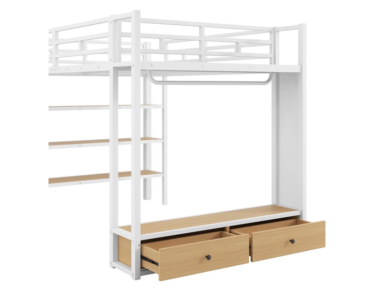 Lit mezzanine 140x200 cm blanc, avec penderie, rangements, 2 tiroirs, étagères, panneau perforé, led 7 couleurs, structure métal, sommier inclus, sans matelas - Conforama D