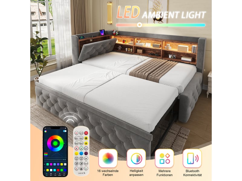  Canapé-lit 90x190 cm, lit enfant, couchage d'appoint, sommier à lattes, extensible, étagères, led, usb et usb-c, velours gris foncé  - Conforama W
