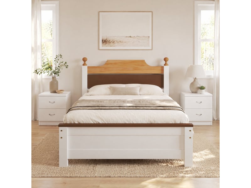  Lit simple 90x200 cm en bois et mdf blanc, naturel et marron  - Conforama D