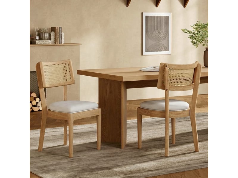  Lot de 2 chaises de salle à manger en bois massif avec dossier en rotin et coussin en lin  - Conforama B