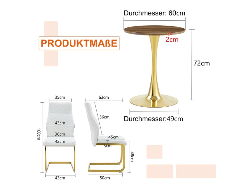  Ensemble table ronde et 2 chaises 60 cm en mdf bois foncé, blanc et doré, pour un coin repas élégant  - Conforama C