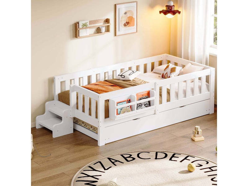  Lit pour enfant 90x200 cm – avec lit gigogne – avec barrière de sécurité – blanc (matelas non inclus)  - Conforama D