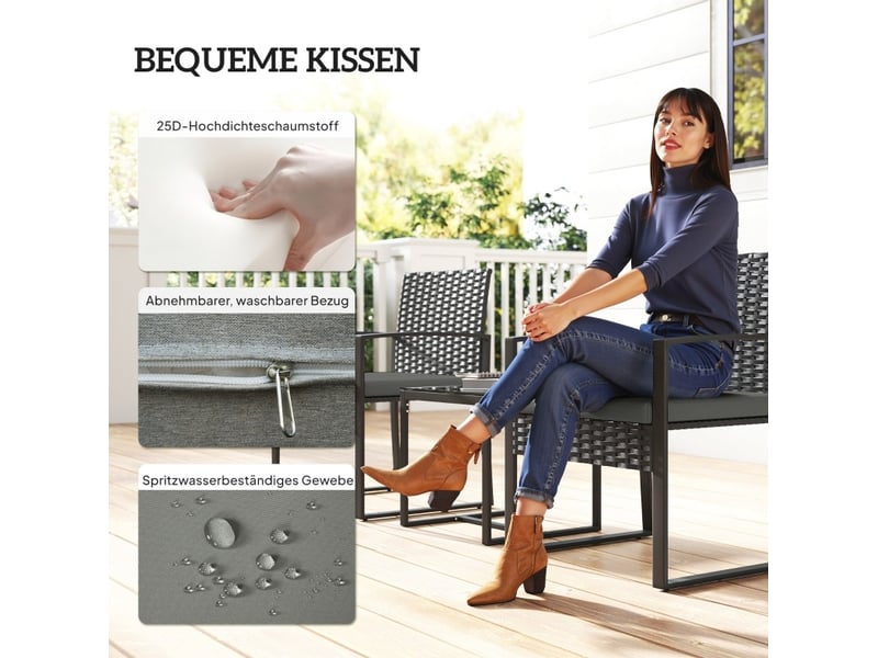  Salon de jardin 3 pièces avec 2 fauteuils et table 55x58x76 cm – gris foncé – coussins déhoussables  - Conforama E