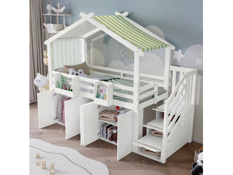  Lit superposé 90x200 cm avec toit, escalier de rangement et rangements intégrés, bois, blanc et vert, sans matelas  - Conforama B