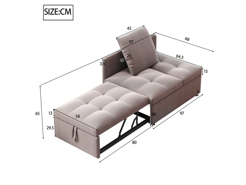  Canapé convertible 3 en 1 avec dossier réglable et coussin, pour petits espaces, en tissu lin gris compact  - Conforama E