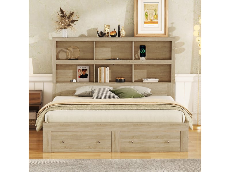 Lit avec rangement 160x200 cm - 6 compartiments en tête de lit, 2 tiroirs de rangement - port usb intégré - lit 2 personnes - bois - Conforama B