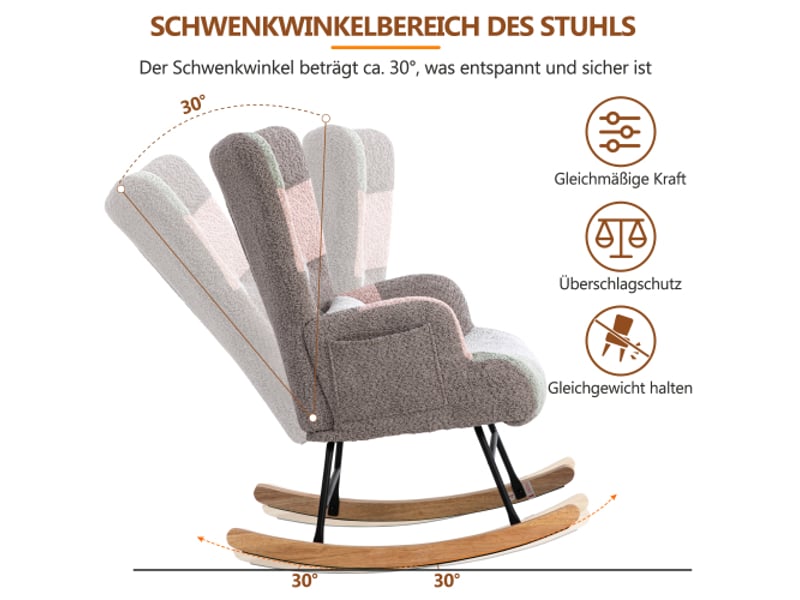  Fauteuil à bascule coloré 93cm haut avec repose-pieds (49x38x37cm) et 1 coussin lombaire,cadre robuste en bois d'hévéa,chaise longue  - Conforama E