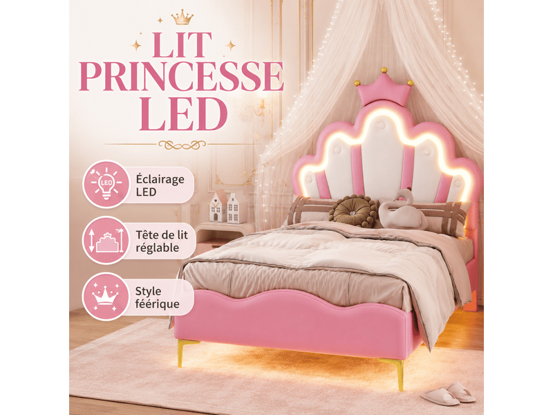  Lit enfant 90x200 - éclairage led rgb - lit fille princesse avec tête de lit réglable - décor couronne -similicuir - lit enfant 90x200 avec led réglables -lit fille avec tête de lit en forme de couronne -sommier à lattes -lit un…  - Conforama C