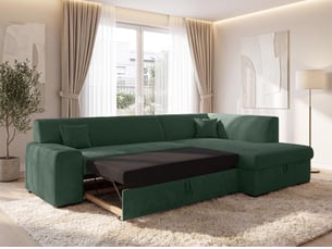 Canapé d'angle droit convertible <strong>AX LIVING </strong> <strong>Lucera</strong> 4 places Velours côtelé vert avec coffre de rangement