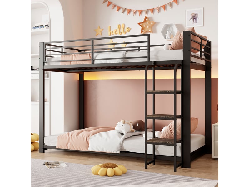  Lit superposé enfant 90 x 200 cm en métal et mdf avec échelle à marches et rangement, noir  - Conforama C