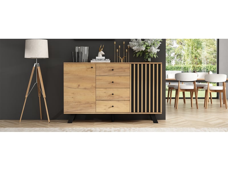 Buffet moderne 120cm - 4 tiroirs, 2 portes, 5 pieds en bois massif - couleur bois - Conforama C
