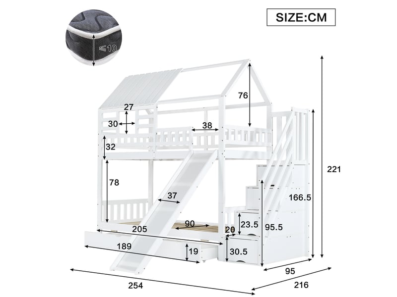  Lit superposé en pin et mdf blanc 90x200 cm avec escalier à rangements, toboggan, fenêtre, toit, barrière anti-chute et tiroir, lot de 2  - Conforama C