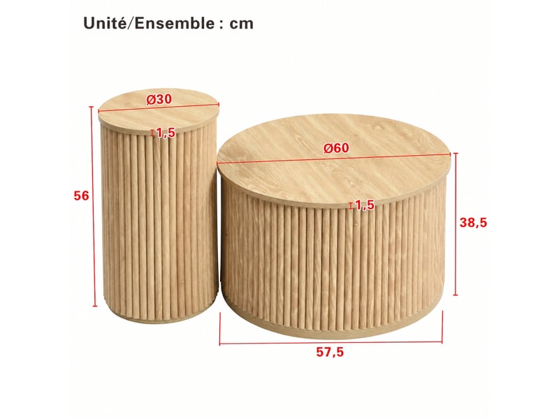  Ensemble de 2 tables basses rondes en mdf naturel avec relief vertical, ø 60 et 30 cm  - Conforama E