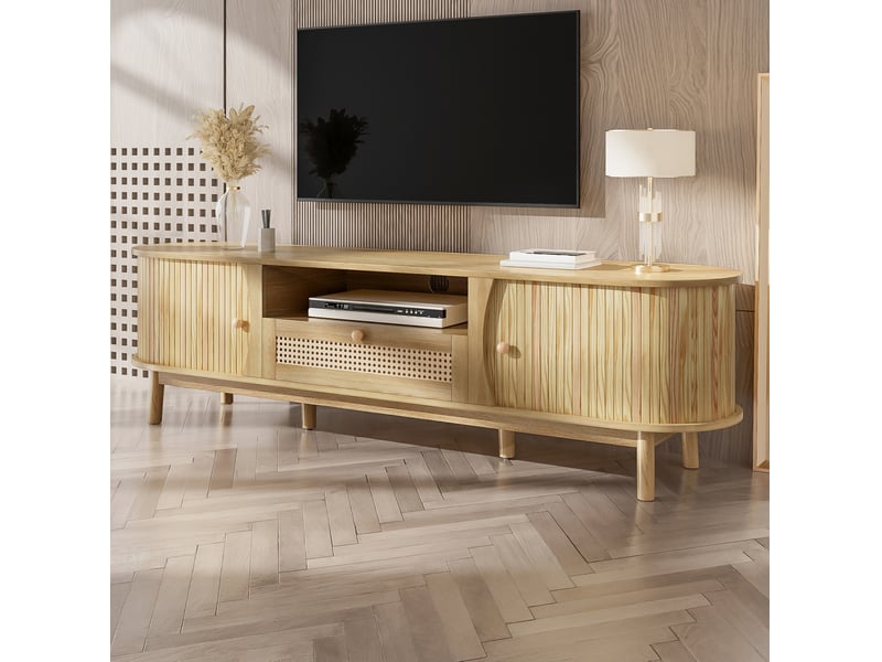  Meuble tv 165 x 37 x 46 cm en mdf avec portes coulissantes et tiroir en rotin naturel  - Conforama B