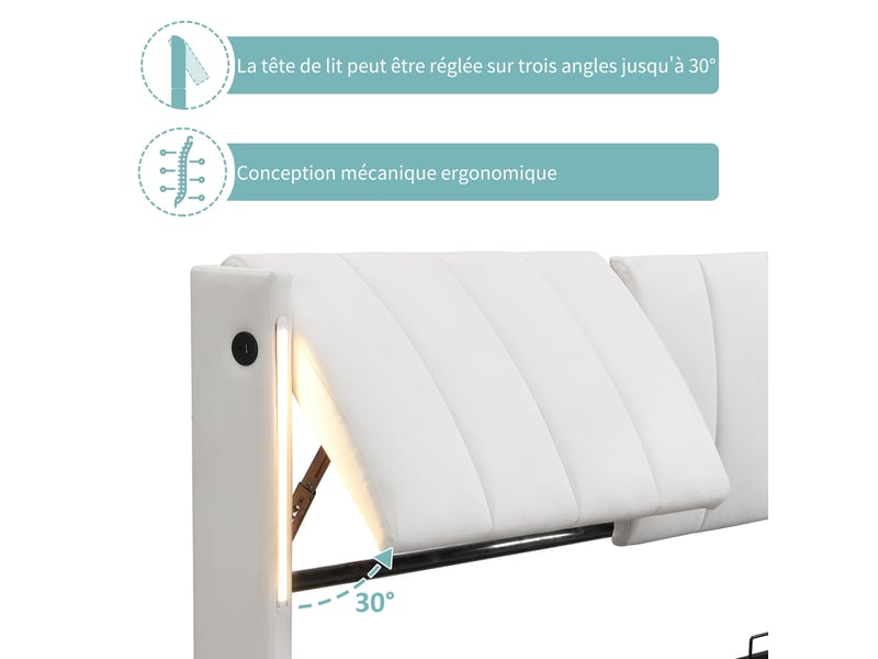 Lit coffre 180x200 cm avec éclairage led, port usb, rangement hydraulique et tête de lit réglable, pu blanc  - Conforama E