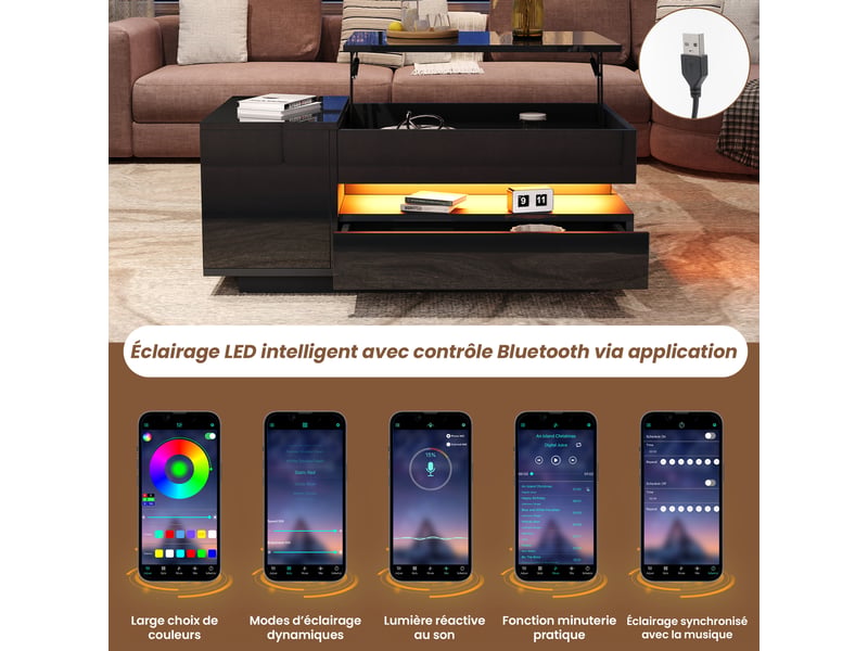  Table basse relevable avec 1 tiroir et 1 placard et led, rangement caché, laqué noir, 95×50×40 cm - uvrion  - Conforama D