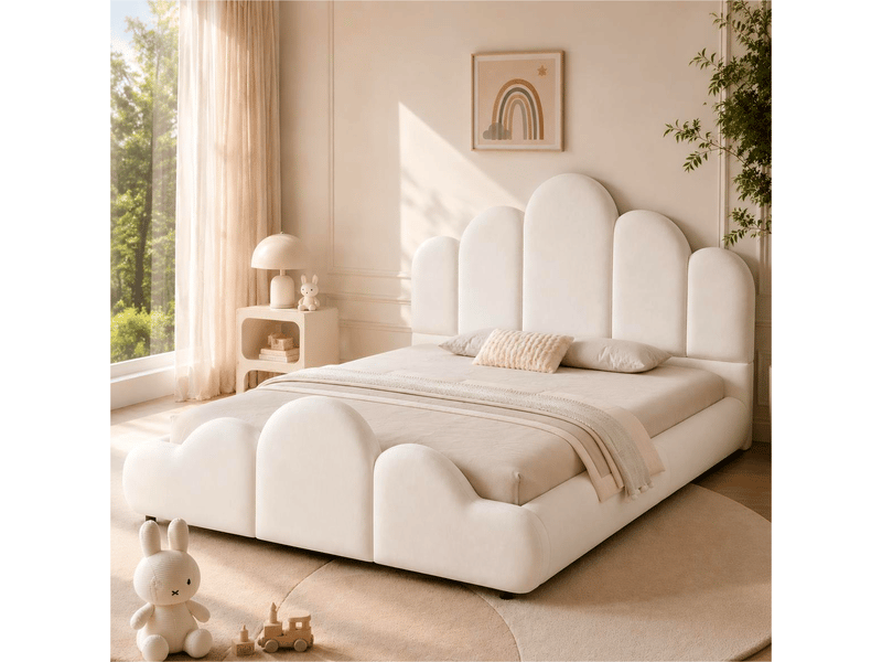 Lit enfant capitonné 140x200 cm, tête de lit rembourrée, coins arrondis, velours, beige - Conforama B