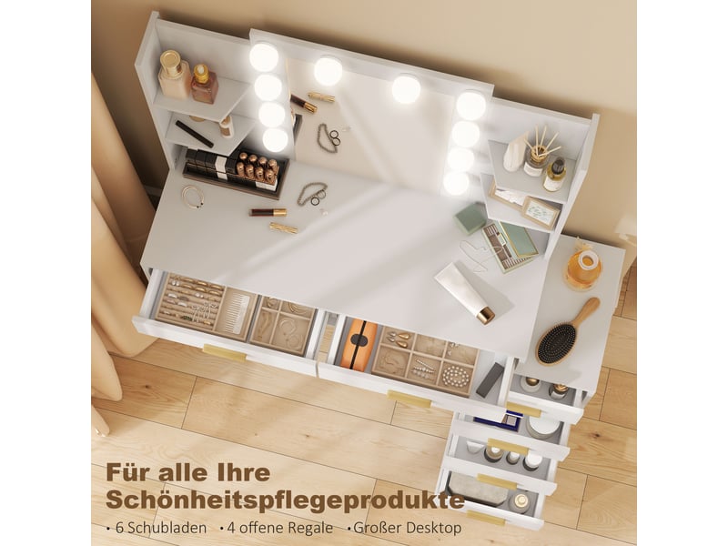  Coiffeuse avec miroir led et tabouret 6 tiroirs blanc 120 x 40 x 140 cm  - Conforama E
