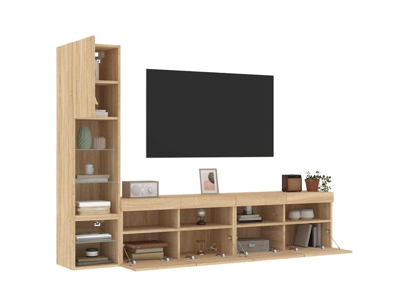  Meuble tv - unités murales tv avec led 4 pcs chêne sonoma bois d'ingénierie  - Conforama E