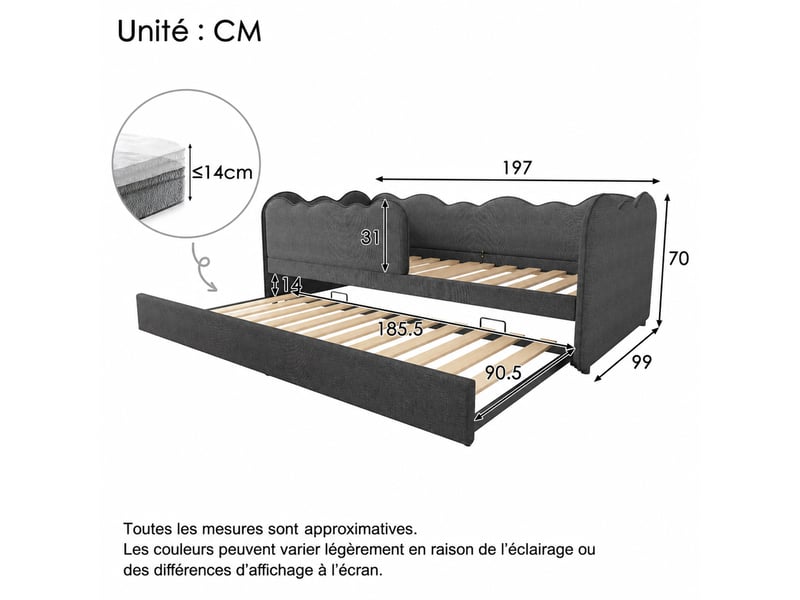  Lit banquette avec lit gigogne 90 x 190 cm, dossier rembourré et barrière amovible, revêtement en lin gris  - Conforama D