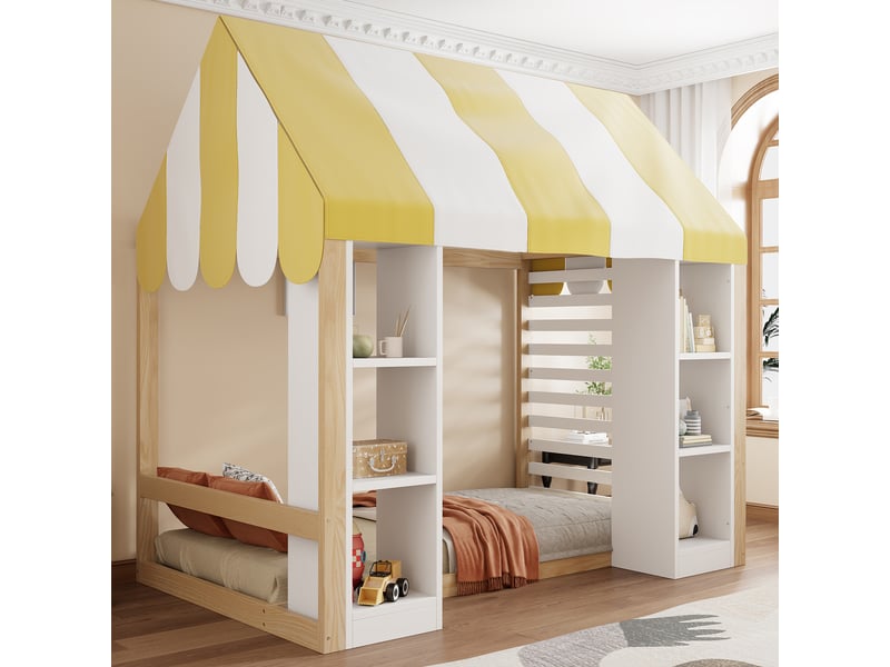  Lit cabane 90x200 cm coloris blanc+naturel bois massif  - Conforama E