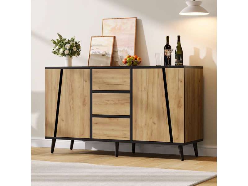 Buffet 2 portes avec 3 tiroirs, coloris bois naturel et noir, 120x40x70 cm, meuble de rangement pour salon, cuisine et bureau - Conforama B