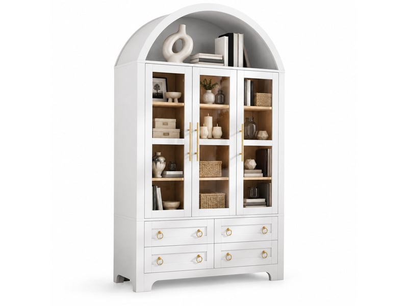 Buffet haut blanc 3 portes vitrées et 4 tiroirs, niche en arche ouverte, rangement moderne pour le séjour - Conforama A