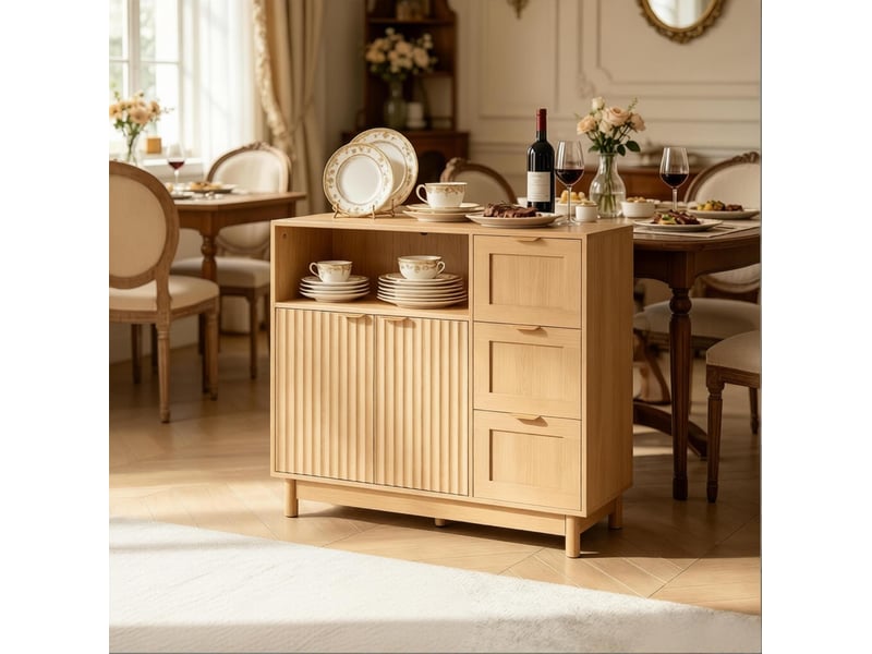 Buffet modenvie en effet bois 90 x 35 x 80 cm avec 3 tiroirs, 2 portes, niche ouverte, panneaux de particules et mdf - Conforama E