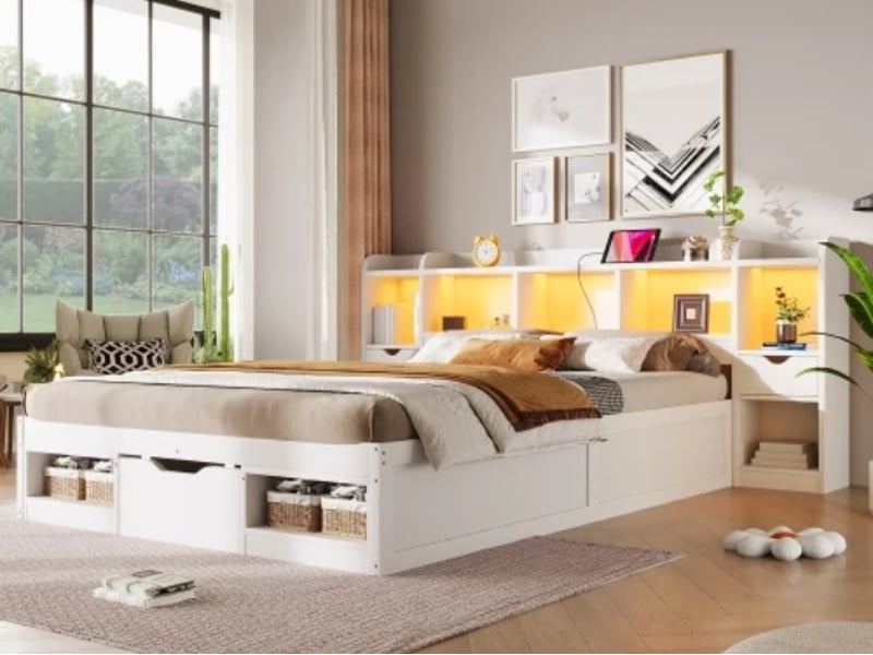  Lit avec rangement 140x200 cm, 3 tiroirs, compartiments, led, prise usb, sommier à lattes, mdf et contreplaqué, blanc  - Conforama B