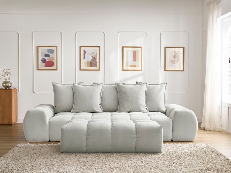  Bobochic canapé droit convertible coffre everest tissu texturé avec pouf gris clair EVEREST - Conforama D