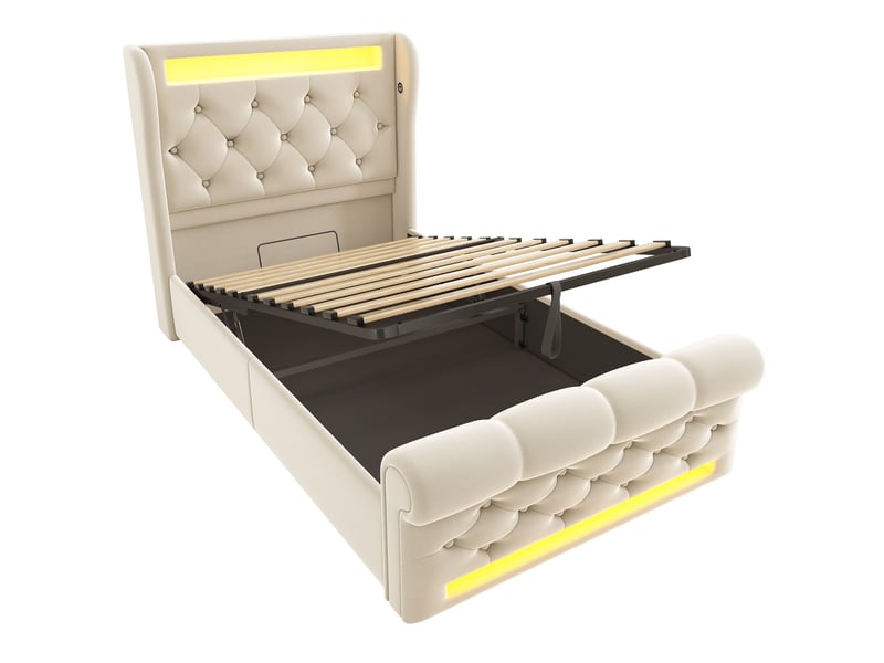 Lit simple 90x200 cm beige velours, coffre hydraulique, tête de lit avec led et usb-c - Conforama D
