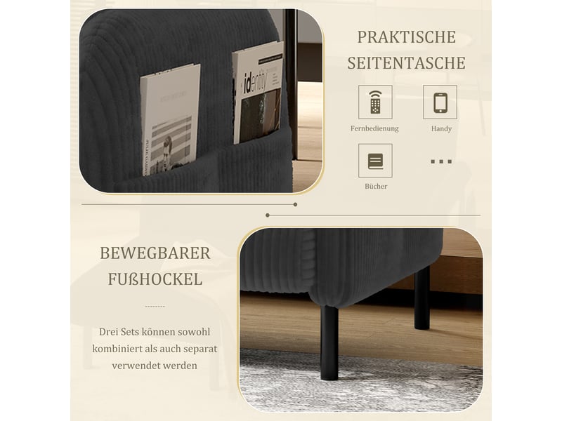  Canapé 2 places en velours côtelé gris avec dossier haut, accoudoirs ergonomiques et poches latérales  - Conforama W
