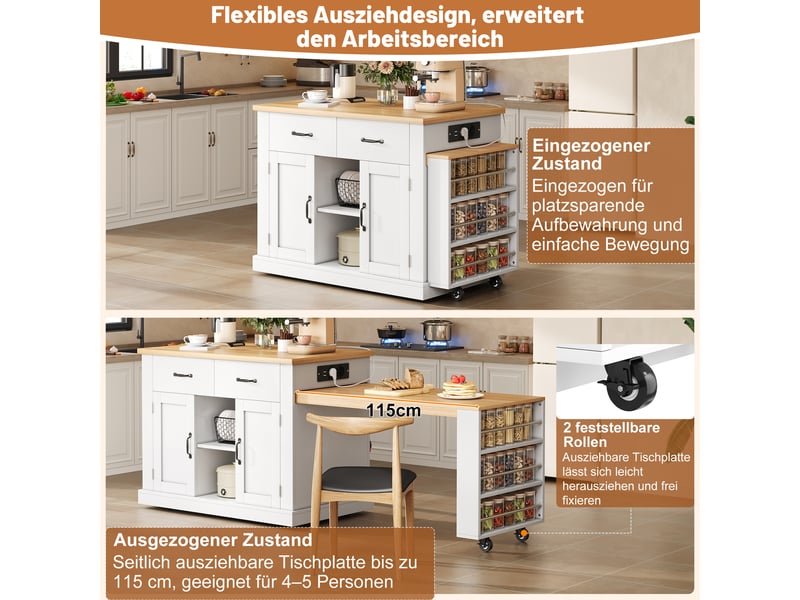  Îlot de cuisine 132235 × 60 × 93 cm en mdf, table repas coulissante, 7 roulettes, étagères réglables et rangements intégrés  - Conforama E