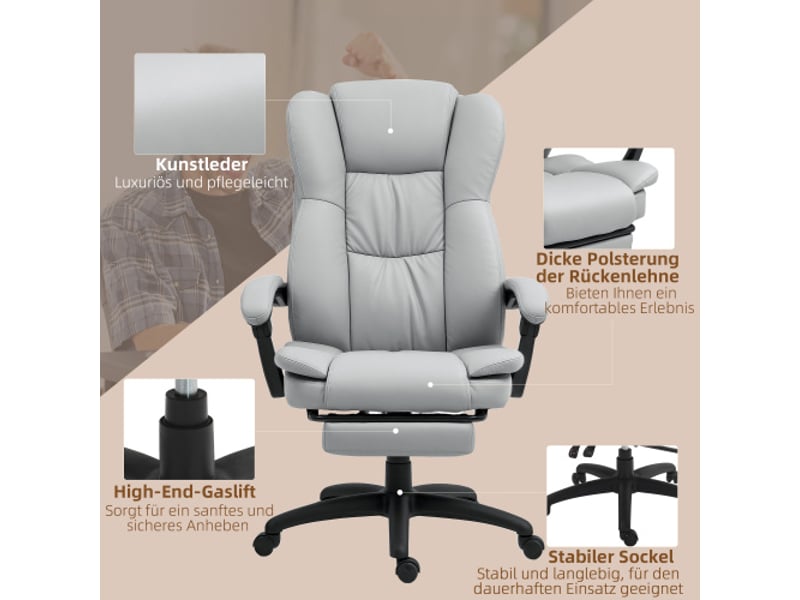  Chaise de bureau massante inclinable, similicuir gris clair, repose-pieds, télécommande, réglable en hauteur  - Conforama E