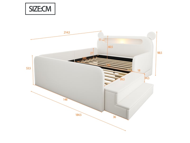 Lit enfant 140x200 cm blanc en similicuir avec tête de lit ours, veilleuse, usb et rangement - Conforama C
