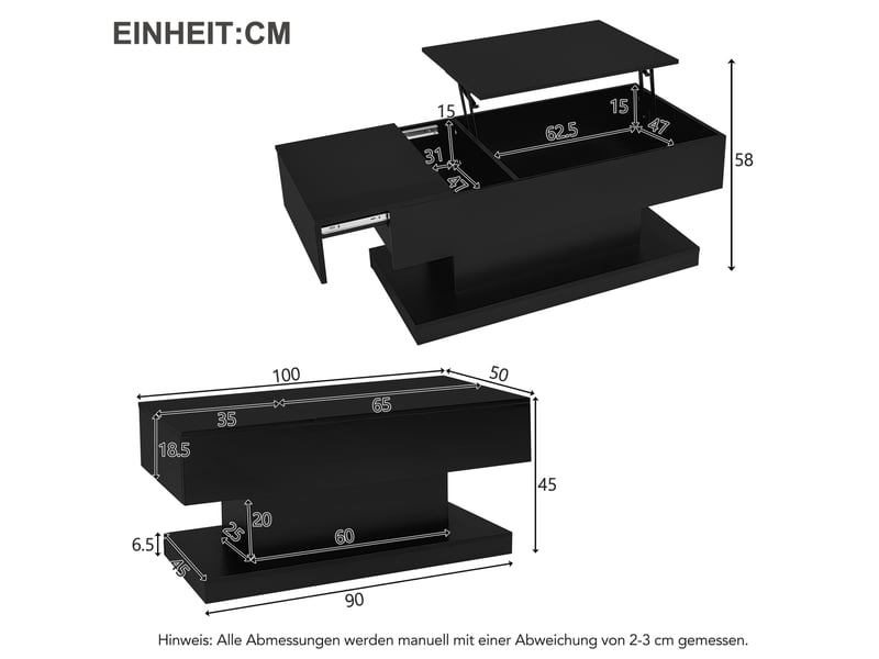  Table basse 100x50x45 cm rectangulaire, rangement caché, led, plateau relevable et coulissant, pour salon, pb, noir  - Conforama C