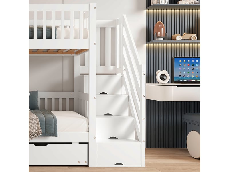  Lit superposé enfant blanc 2 x 90 x 200 cm avec lit gigogne 90 x 190 cm, escalier de rangement et garde-corps  - Conforama E