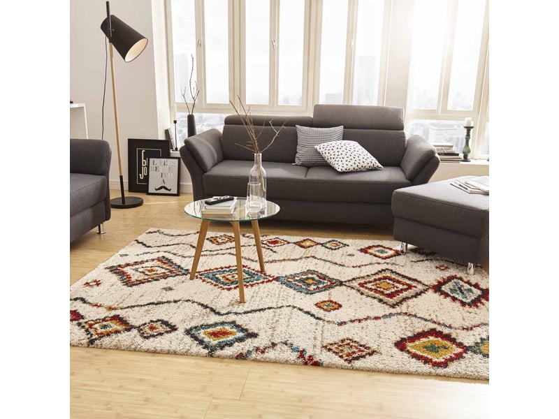 Tapis berbère 200 x 290 cm, blanc, rouge, bleu, motif berbère, design chaleureux  - Conforama B