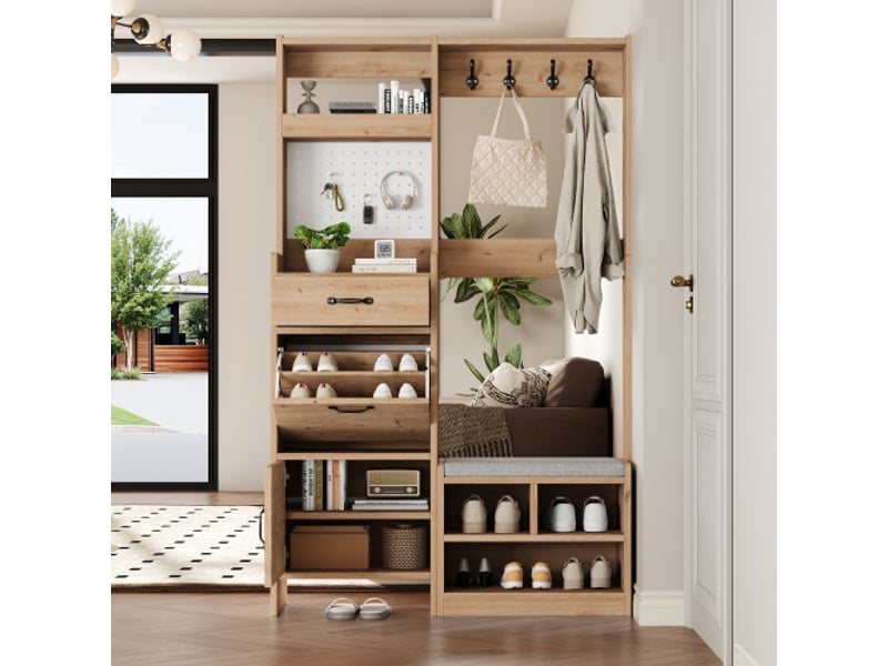 Porte-manteau mural avec banc à chaussures – 4 crochets, 1 tiroir, 2 portes, naturel, 108,5×35×180 cm - Conforama E